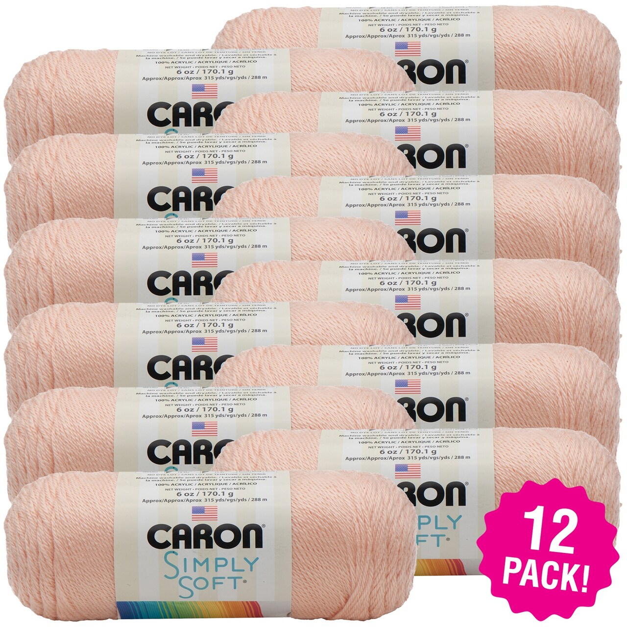 Multipack of 12 - Caron Simply Soft Solids Yarn-Light Country Peach